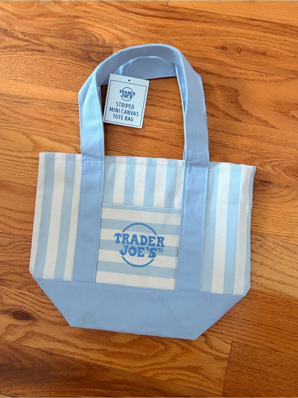 NWT Trader Joe's Pastel Striped Mini Canvas Tote Bag in Sky Blue